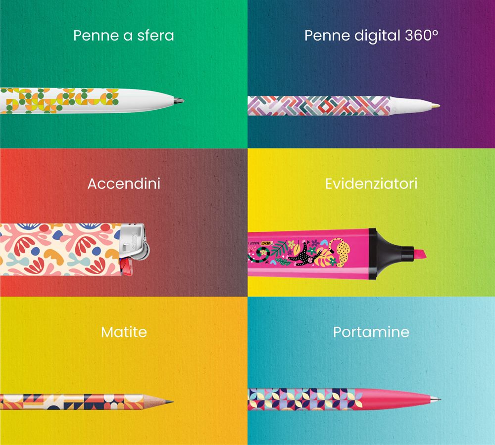 Categorie di prodotti BIC Graphic: penne a sfera, digital 360°, accendini, evidenziatori, matite